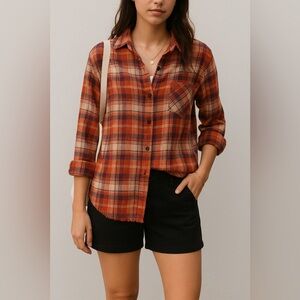 Dizzy Lizzy Rust Navy‎ Plaid Cotton Button Down Shirt M Frayed Hem Fall Casual